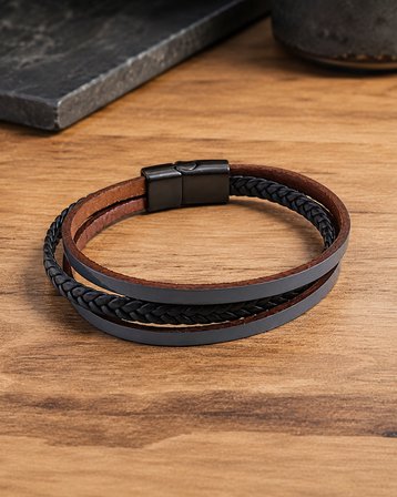 Montel Obsidian – Örgü Detaylı Erkek Deri Bileklik, Özel Hediye Kutulu