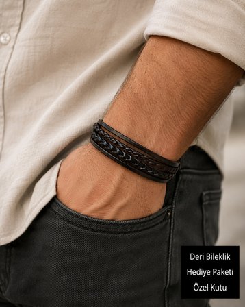 Noir Vesper – Çok Katmanlı Örgü Deri Erkek Bileklik, Özel Hediye Kutulu