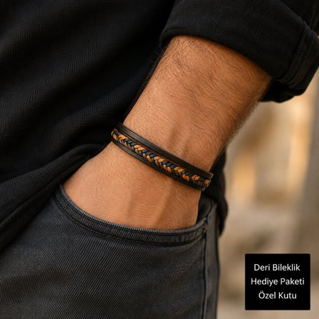 Kuzey Örgü Deri Erkek Bileklik – Siyah & Taba Çift Katman Tasarım