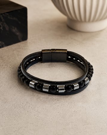 Noir Steel Siyah Deri & Boncuk Erkek Bileklik – Ayarlanabilir Premium Tasarım