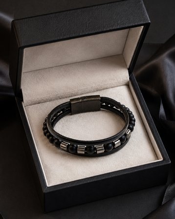 Noir Steel Siyah Deri & Boncuk Erkek Bileklik – Ayarlanabilir Premium Tasarım