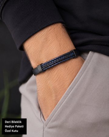 Noir Braid Erkek Deri Bileklik – Lacivert Örgü & Siyah Çelik Detay