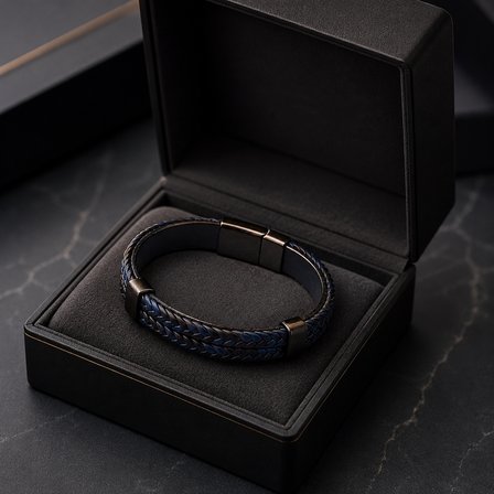 Noir Braid Erkek Deri Bileklik – Lacivert Örgü & Siyah Çelik Detay