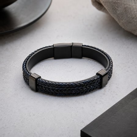 Noir Braid Erkek Deri Bileklik – Lacivert Örgü & Siyah Çelik Detay