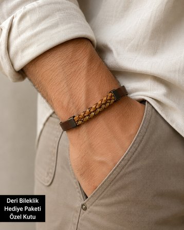Roven Örgü Detaylı Kahverengi Deri Erkek Bileklik - Özel Hediye Kutulu