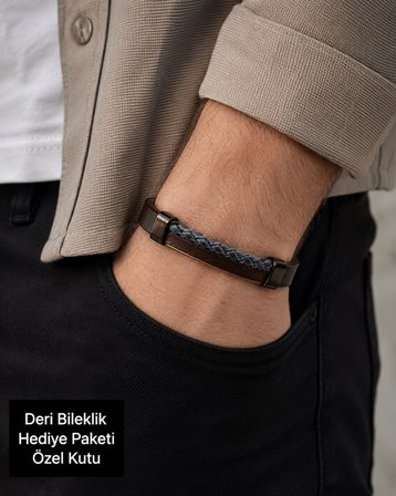 Varen Örgü Detaylı Erkek Deri Bileklik – Kahverengi & Antrasit