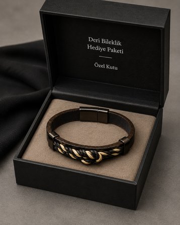 Erkek Deri Bileklik – Siyah & Krem Örgü Detaylı Şık Bileklik, Özel Kutulu Hediye