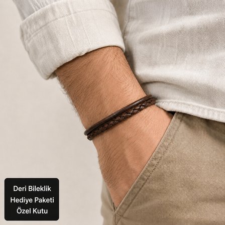 Erkek Kahverengi Örgü Deri Bileklik – Siyah Metal Klipsli Şık Erkek Aksesuarı