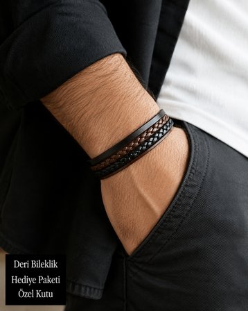 Erkek Çok Katmanlı Deri Bileklik – Siyah & Kahverengi Örgü Tasarım, Hediye Kutulu
