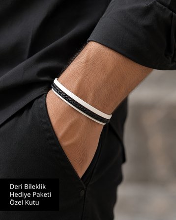 Erkek Deri Bileklik – Siyah Beyaz Örgü Tasarım, Hediye Kutulu Bileklik