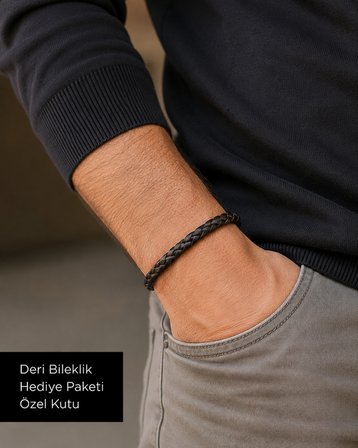 Erkek Örgü Deri Bileklik – Metal Klipsli Şık Tasarım, Hediye Kutulu