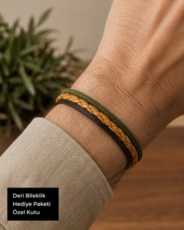 Erkek Çok Katmanlı Deri Bileklik – Haki Yeşil Örgü Detaylı, Şık Bileklik