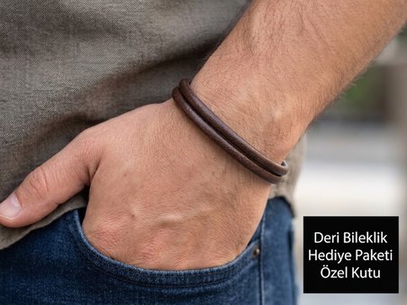 Erkek Kahverengi Çift Sıra Deri Bileklik – Gold Renk Metal Klipsli Hediye Kutulu