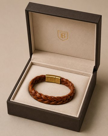 Erkek Örgü Deri Bileklik – Kahverengi, Gold Renk Manyetik Klipsli, Hediye Kutulu