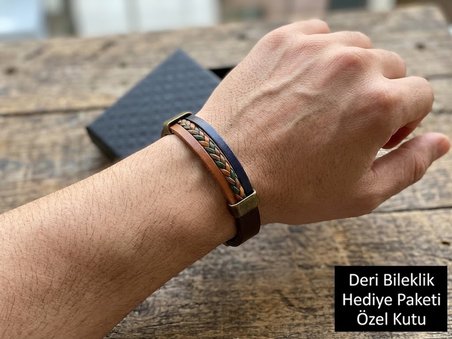 Erkek Deri Bileklik – Örgü Detaylı Kahverengi Bileklik, Hediye Kutulu Model