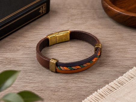 Erkek Deri Bileklik – Örgü Detaylı Kahverengi Bileklik, Hediye Kutulu Model