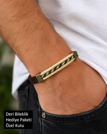Erkek Kahverengi Deri Bileklik – Örgü Detaylı, Metal Aksesuarlı Özel Kutulu Bileklik