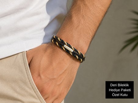 Siyah Bej Örgülü Erkek Deri Bileklik – Çok Katmanlı Tasarım, Özel Hediye Kutulu