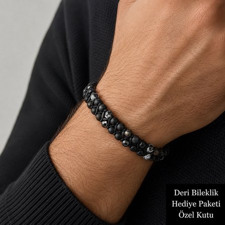 Erkek Siyah Deri Bileklik – Boncuk Detaylı Şık Tasarım, Hediye Kutulu