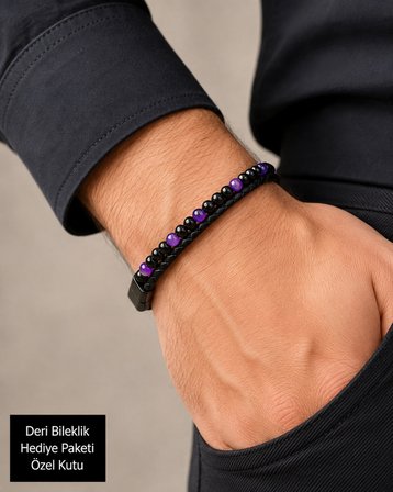 Erkek Siyah Deri Bileklik – Mor & Siyah Boncuk Detaylı Çift Sıra Özel Kutulu Bileklik