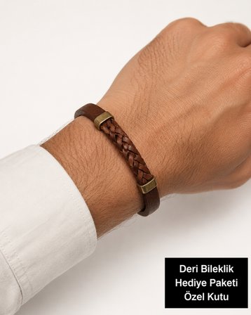 Erkek Kahverengi Örgü Deri Bileklik – Gold Renk Metal Detaylı Şık Erkek Aksesuarı