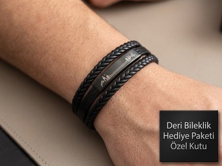 Erkek Siyah Deri Bileklik – Özel Tasarım Şehir Silüetli, Çok Katmanlı Örgü Bileklik