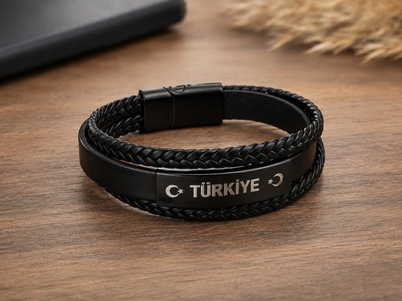 Türkiye Ay Yıldız Detaylı Siyah Deri Erkek Bileklik – Özel Kutulu Hediyeli Bileklik