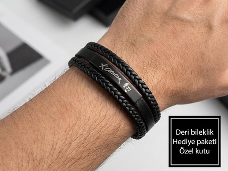 Atatürk İmzalı Siyah Deri Erkek Bileklik – Örgü Tasarım, Özel Kutulu Hediye