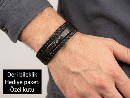 Atatürk İmzalı Erkek Siyah Deri Bileklik – Örgü Tasarım, Özel Kutulu Hediye