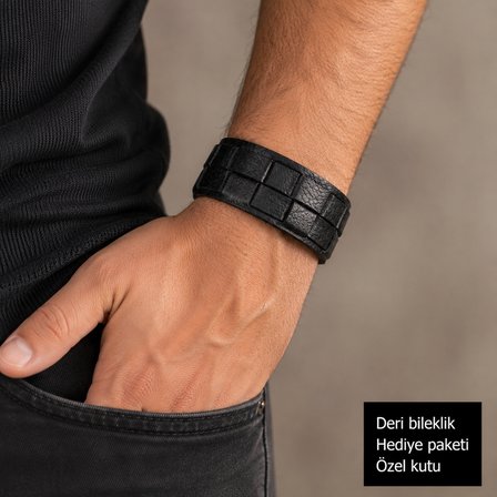Erkek Siyah Deri Bileklik – Örgü Tasarım, Ayarlanabilir Çıtçıtlı, Hediye Kutulu