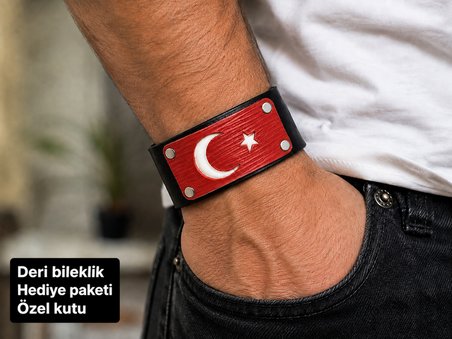 Ay Yıldızlı Siyah Deri Erkek Bileklik – Türk Bayrağı Tasarımlı Geniş Bileklik