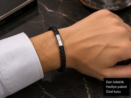 Erkek Siyah Örgü Deri Bileklik – Metal Klipsli Şık ve Modern Tasarım
