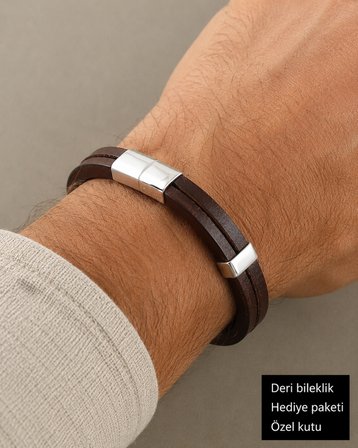 Erkek Kahverengi Deri Bileklik – Gümüş Renk Metal Detaylı Şık Erkek Aksesuarı