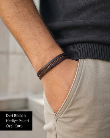 Varelli Duo – Kahverengi Çift Sarmal Deri Erkek Bileklik, Özel Hediye Kutulu