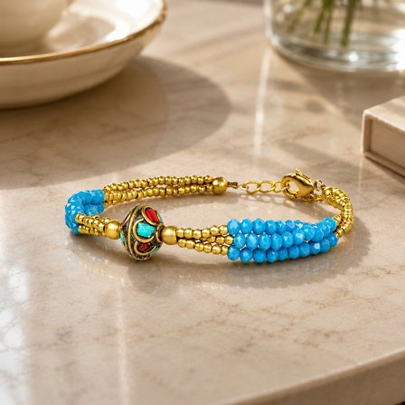 Turkuaz Boncuklu Otantik Kadın Bileklik – Altın Renk Detaylı Çok Sıralı Tasarım