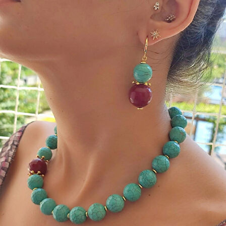 Doğal  Turkuaz Taş Kolye, Değerli taş Choker, Sevgiliye Hediye Kolye, Özel Gün Hediye, Mavi Bordo Kolye Tasarım, Firuze Kolye
