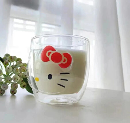 hello kitty çift cidarlı cam kupa bardak ısıya dayanıklı sevimli hediyelik bardak