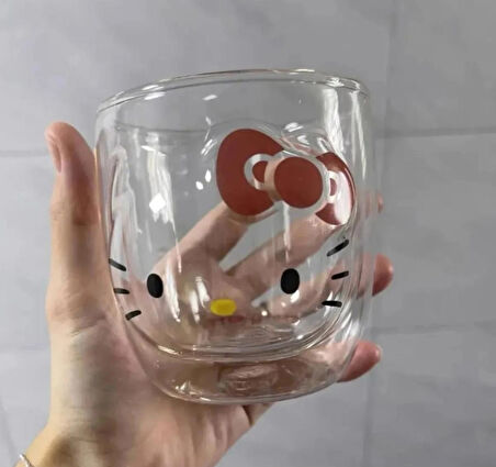 hello kitty çift cidarlı cam kupa bardak ısıya dayanıklı sevimli hediyelik bardak