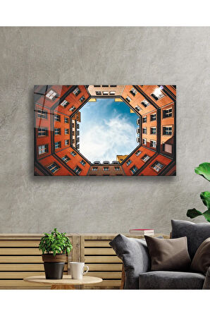 Miyrem Glasses Collection -A1^#  Geometrik Şekilli Turuncu Bina Cam Tablo, Temperli Dayanıklı Cam