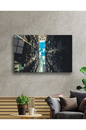  Miyrem Glasses Collection -A1^#  Bina Görüntüsü ve Mavi Beyaz Bulutlar Cam Tablo 4mm Dayanıklı Cam