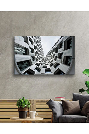  Miyrem Glasses Collection -A1^#  Geometrik Siyah Beyaz Bina Cam Tablo, Cam Tablo