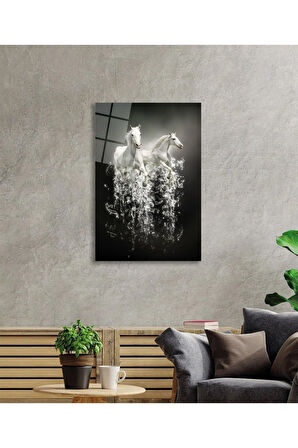  Miyrem Glasses Collection -A1^#  Beyaz Atlar Hayvan Cam Tablo, Cam Tablo