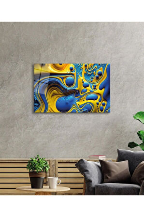  Miyrem Glasses Collection -A1^#  Mavi Sarı Soyut Cam TabloCam Tablo