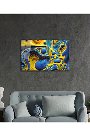  Miyrem Glasses Collection -A1^#  Mavi Sarı Soyut Cam TabloCam Tablo