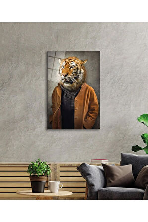  Miyrem Glasses Collection -A1^#  İnsan Vücutlu Kaplan Hayvan Portresi Cam Tablo