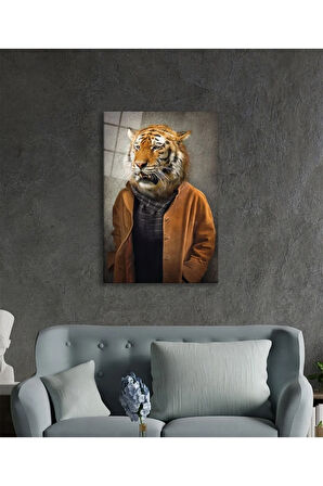  Miyrem Glasses Collection -A1^#  İnsan Vücutlu Kaplan Hayvan Portresi Cam Tablo