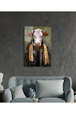  Miyrem Glasses Collection -A1^#  İnsan Vücutlu İnek Hayvan Portresi Cam Tablo
