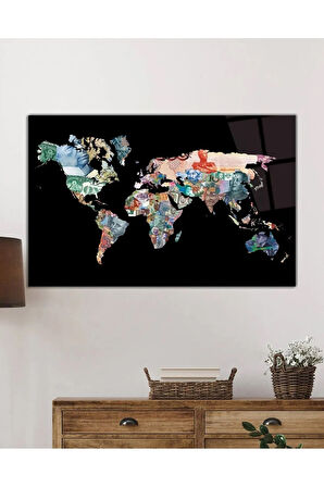  Miyrem Glasses Collection -A1^#  Para Desenli Dünya Haritası Cam Tablo, Cam Tablo