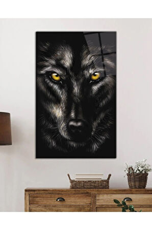  Miyrem Glasses Collection -A1^#  Sarı Gözlü Kurt Hayvan Portresi Cam Tablo