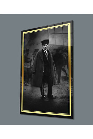  Miyrem Glasses Collection -A1^#  Gold Şerit Siyah Beyaz Pardesülü Atatürk Cam Tablo